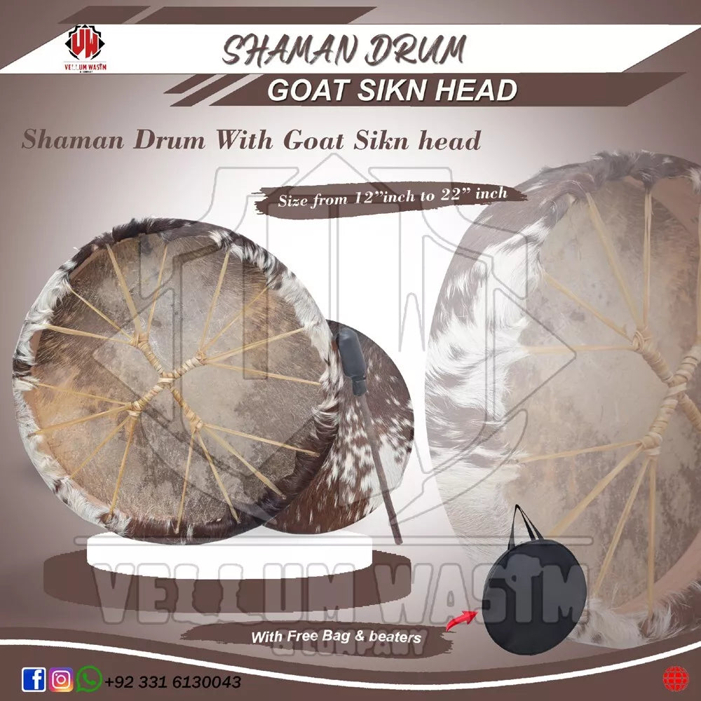 Shamanic Drum made of Cedar Wood with Hair Goat skin Bag & Beaters by VW.